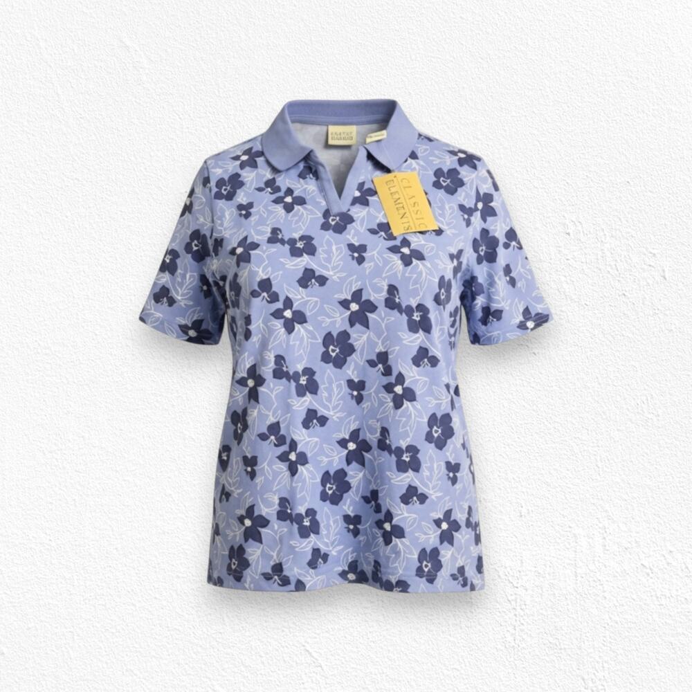 Y2K Periwinkle Blue Floral V Neck Collared Cotton Polo Top T-Shirt Size Large